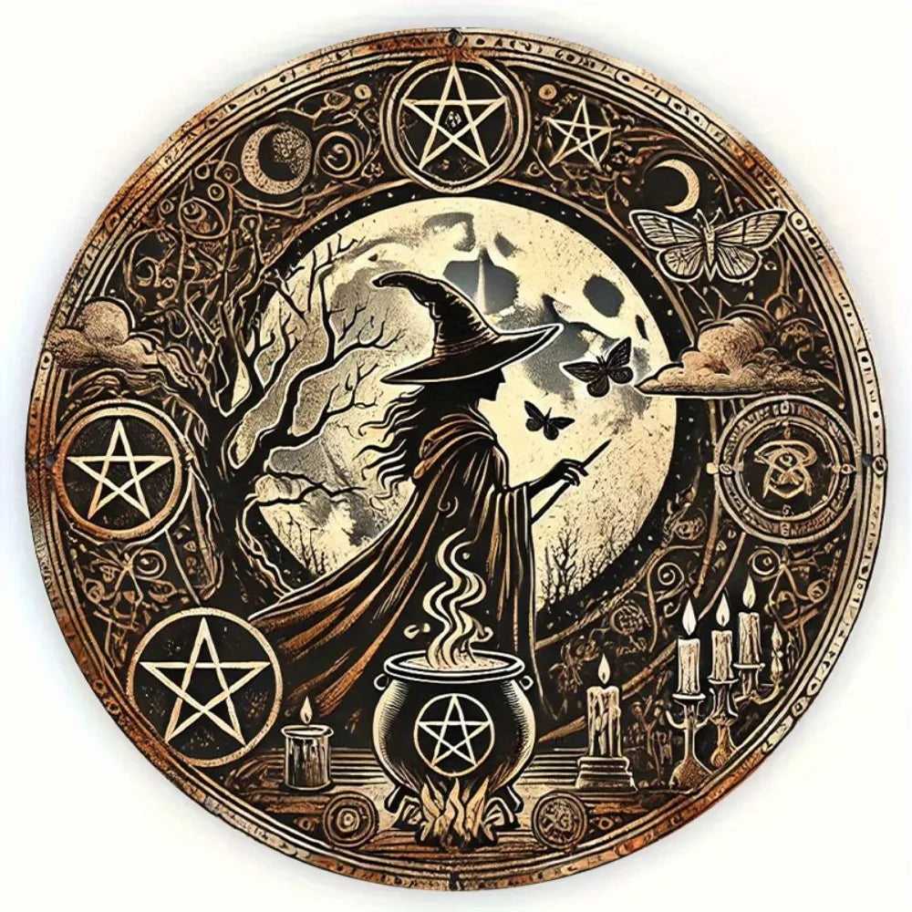 WitchCraft Retro Aluminum Wall Art - Round Witch & Cauldron Design, Halloween Hanging Decor with English Text