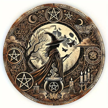 WitchCraft Retro Aluminum Wall Art - Round Witch & Cauldron Design, Halloween Hanging Decor with English Text