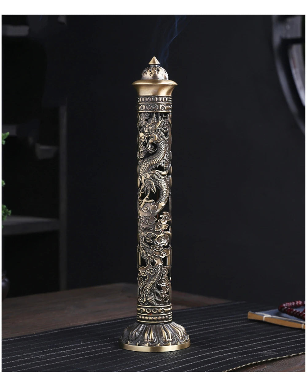 Archaize Vertical Incense Burner Buddha Heart Sutra Dragon Phoenix Pillar Metal Thread Incense Stick Home Office Decoration