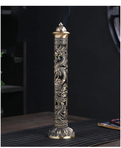 Archaize Vertical Incense Burner Buddha Heart Sutra Dragon Phoenix Pillar Metal Thread Incense Stick Home Office Decoration