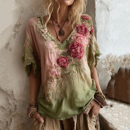 Floral Print Loose Tops Casual V-neck Short Sleeve