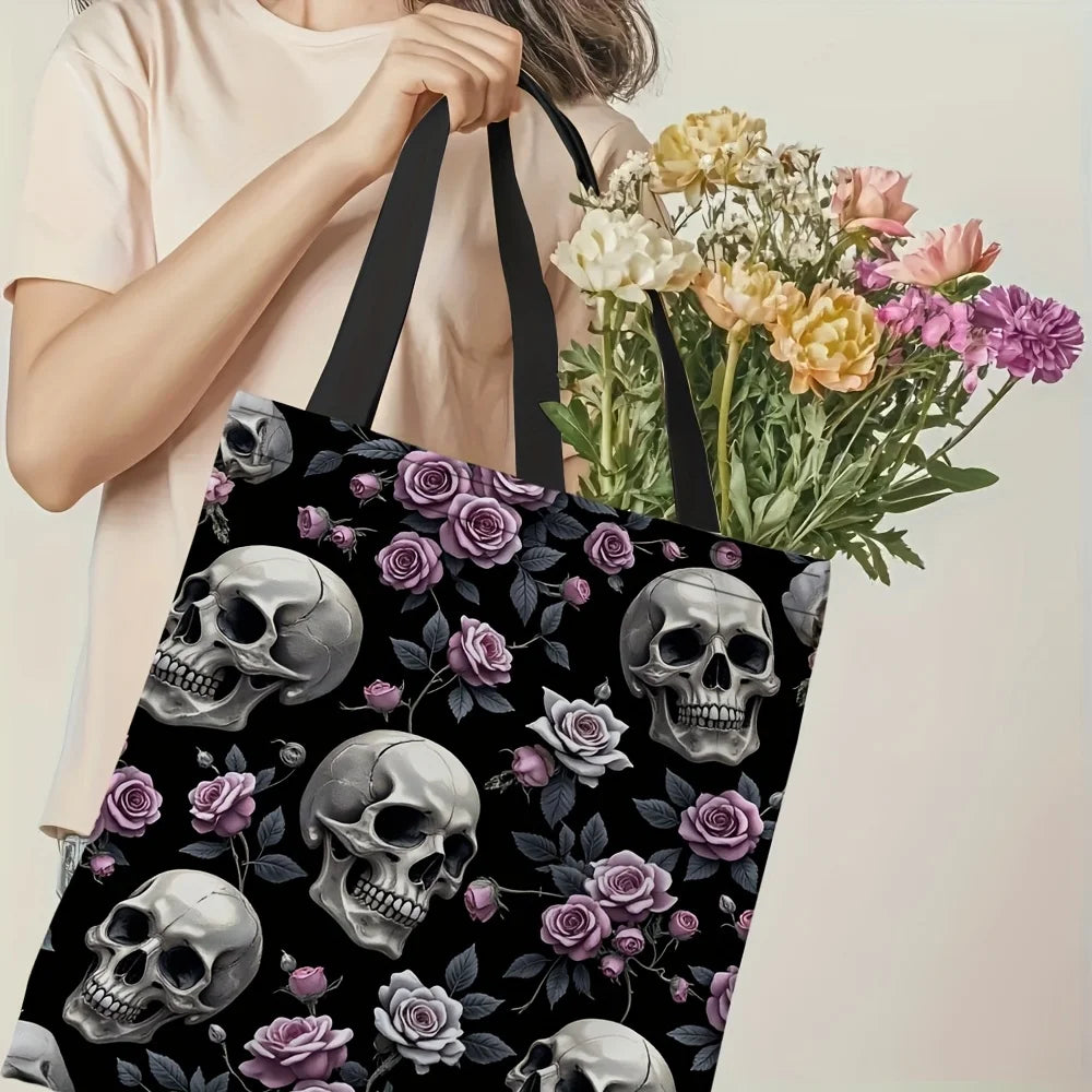 Gothic Rose Floral Skull Tote Bag – Stylish Reusable