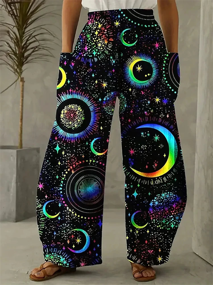 Wide-legged Pants Elegant Sun, Moon And Star Print