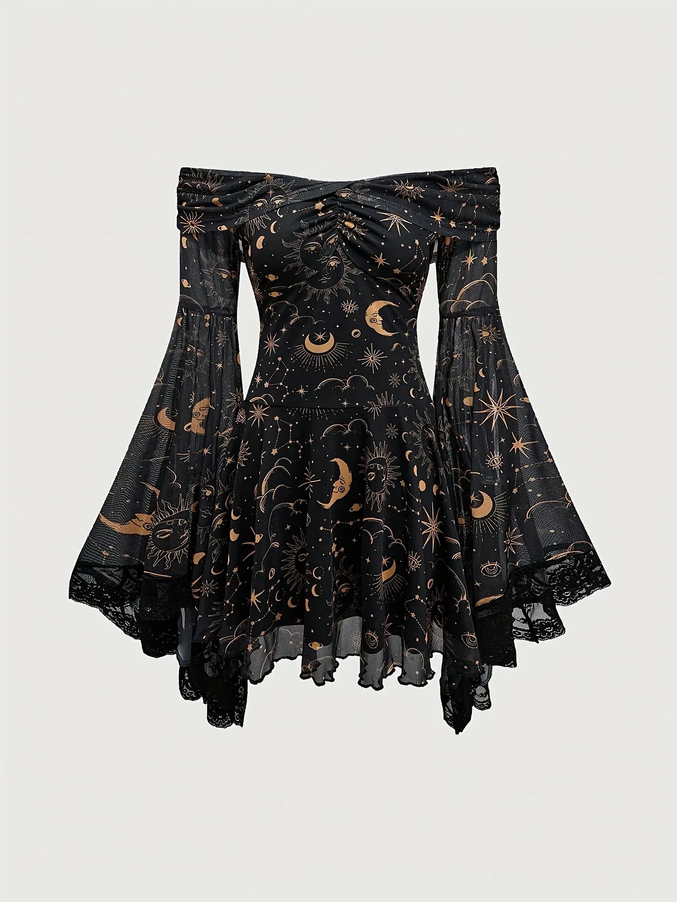 Gothic Style Vintage  Star Moon Long Sleeve A- Line Dress