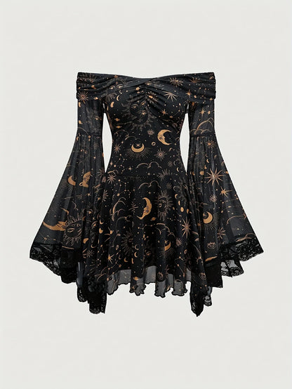 Gothic Style Vintage  Star Moon Long Sleeve A- Line Dress