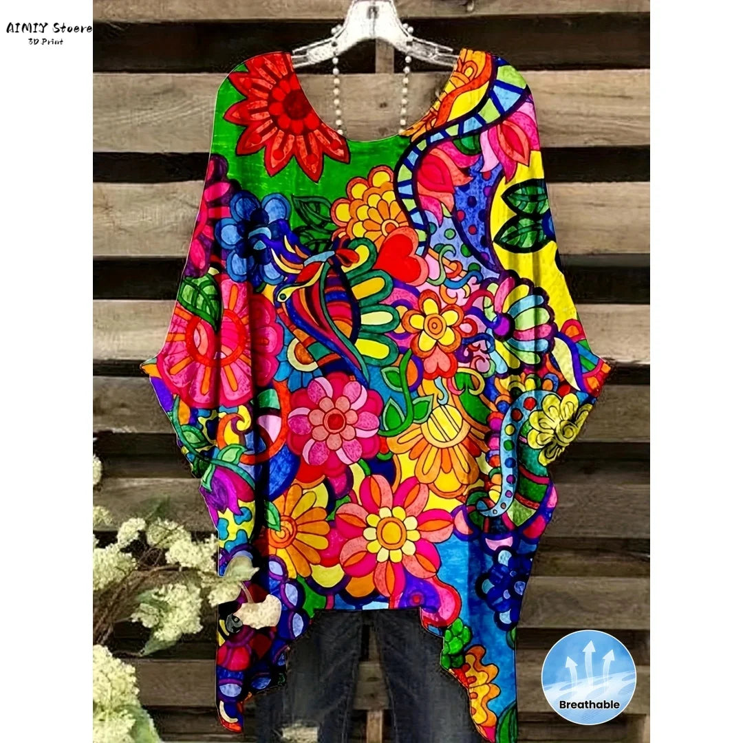 Butterfly Flower Pattern Printed Tail Hem Round Neck T-Shirt