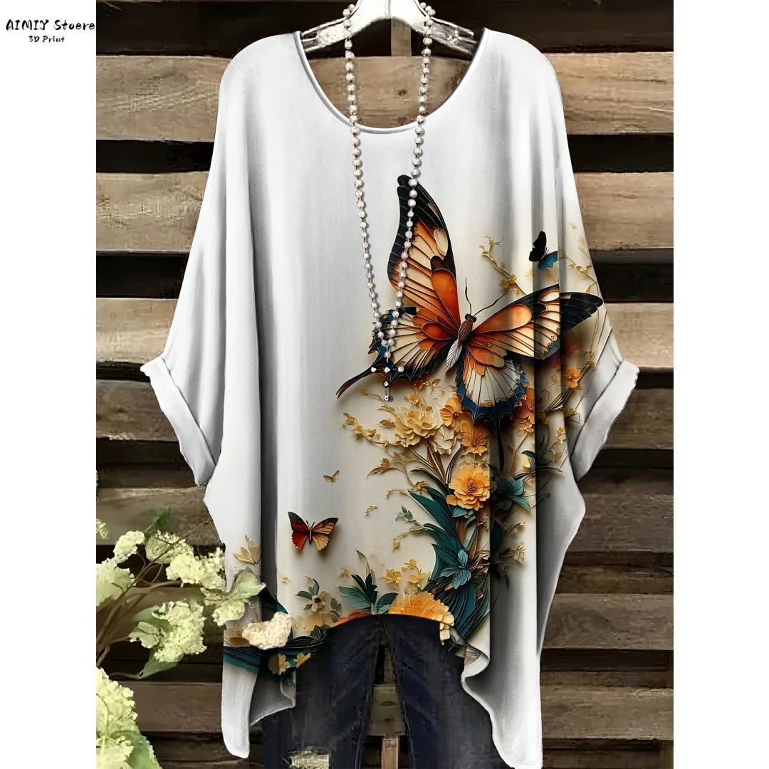 Butterfly Flower Pattern Printed Tail Hem Round Neck T-Shirt