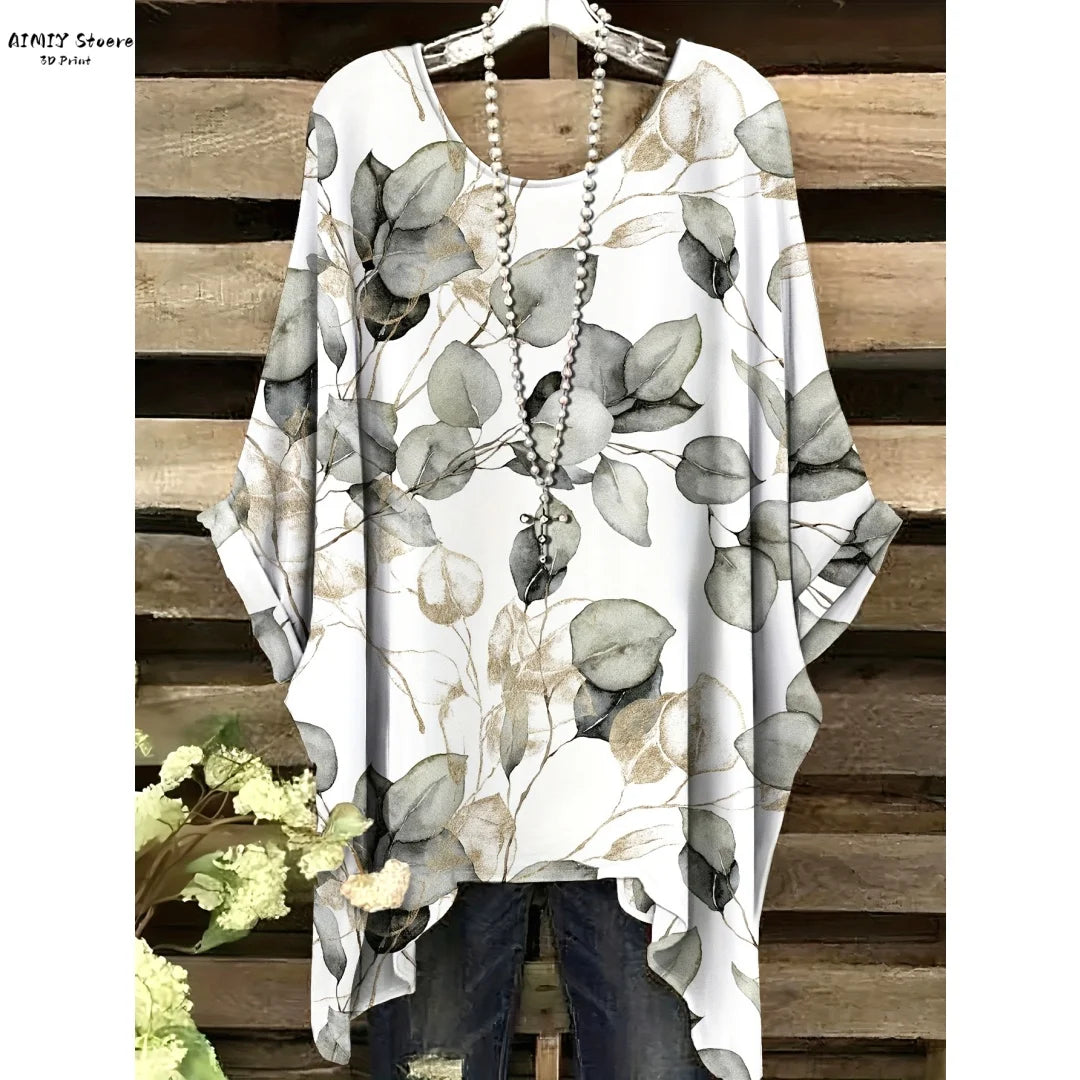 Butterfly Flower Pattern Printed Tail Hem Round Neck T-Shirt