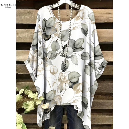 Butterfly Flower Pattern Printed Tail Hem Round Neck T-Shirt