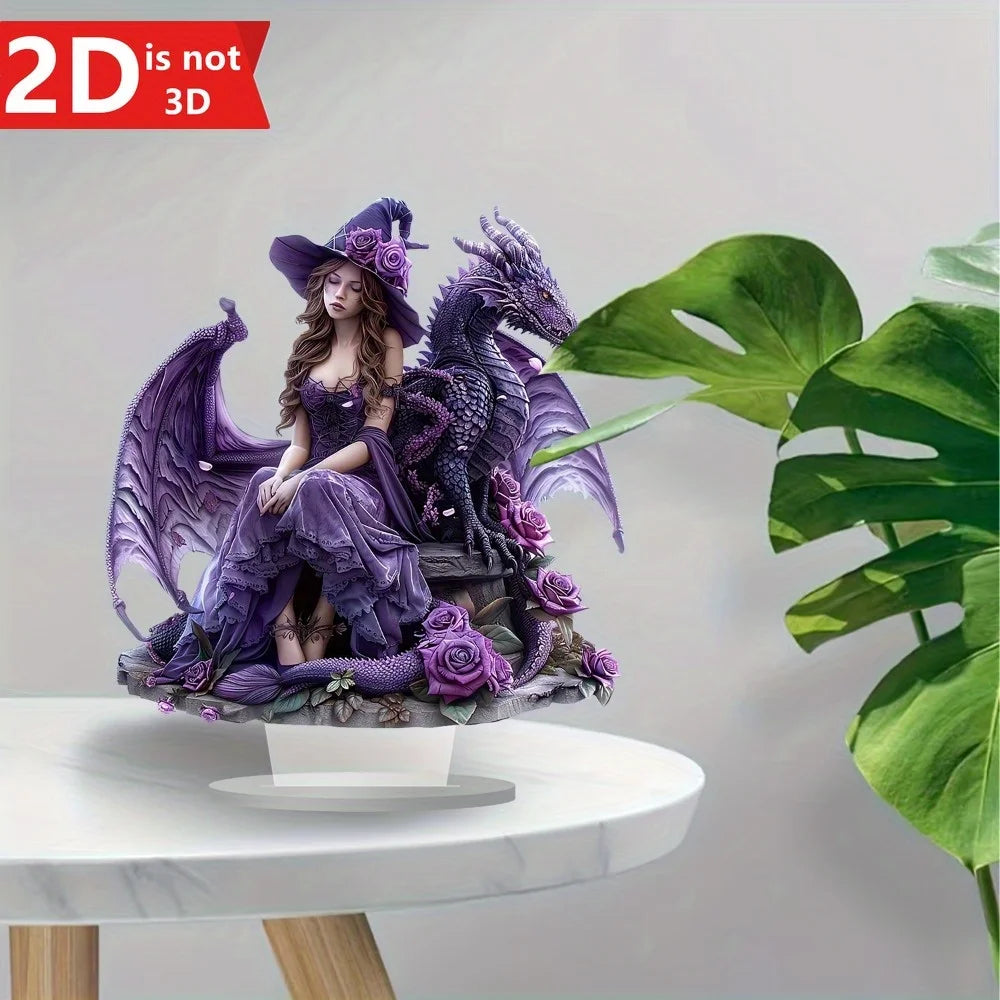 2D Bohemian witch & dragon desktop decor for home, office, or café.