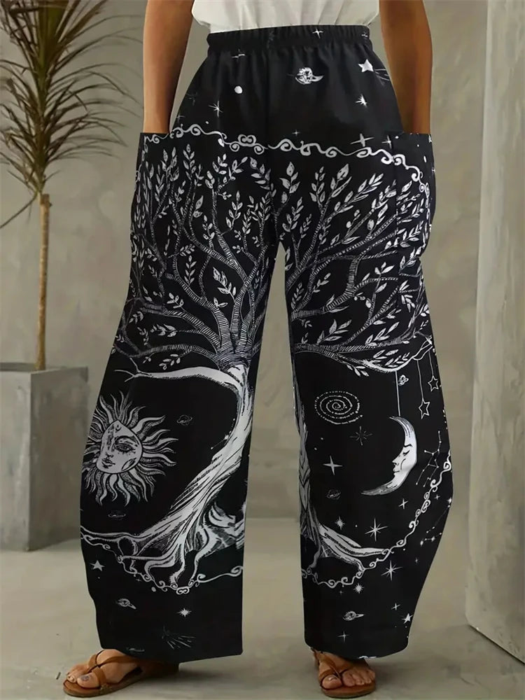 Wide-legged Pants Elegant Sun, Moon And Star Print