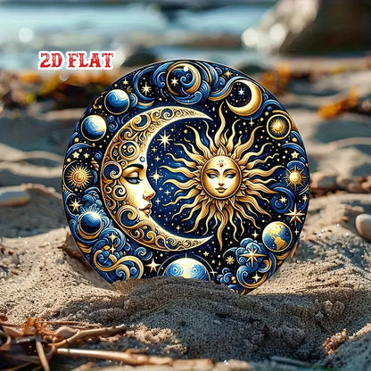 2D Flat 1pc Vintage Metal Sign, Celestial Sun and Moon in Cosmic Design Aluminum Round Poster with Elegant Imagery, Retro Vintag