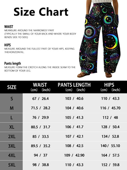 Wide-legged Pants Elegant Sun, Moon And Star Print