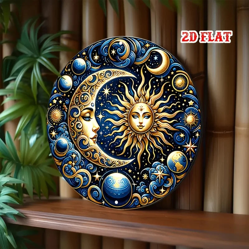 2D Flat 1pc Vintage Metal Sign, Celestial Sun and Moon in Cosmic Design Aluminum Round Poster with Elegant Imagery, Retro Vintag