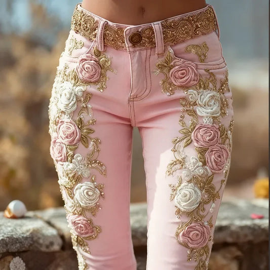 Romantic Pink Rose Flower Print Jeans