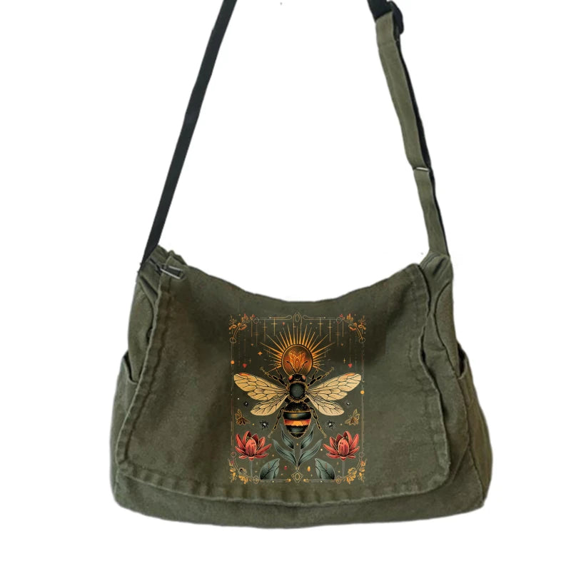 Vintage Women's Shoulder Bag Canvas Bee Print Large Capacity