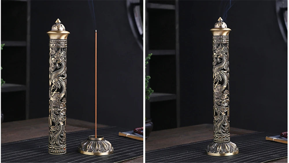 Archaize Vertical Incense Burner Buddha Heart Sutra Dragon Phoenix Pillar Metal Thread Incense Stick Home Office Decoration