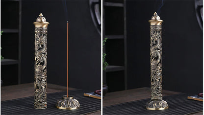 Archaize Vertical Incense Burner Buddha Heart Sutra Dragon Phoenix Pillar Metal Thread Incense Stick Home Office Decoration