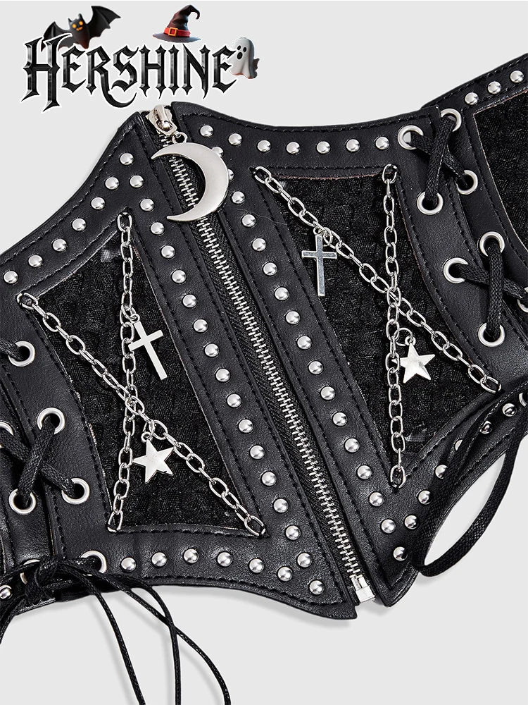 1-piece set of women's black hollow mesh cross chain cross metal accessories decorated with dark punk style waist waistband