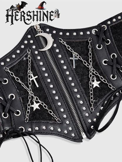 1-piece set of women's black hollow mesh cross chain cross metal accessories decorated with dark punk style waist waistband