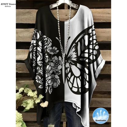 Butterfly Flower Pattern Printed Tail Hem Round Neck T-Shirt