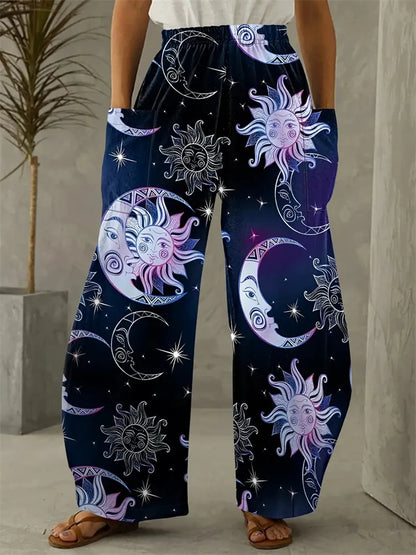 Wide-legged Pants Elegant Sun, Moon And Star Print