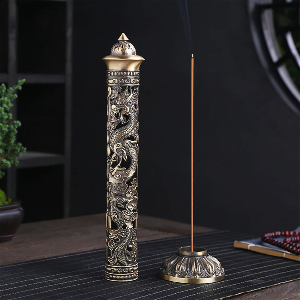 Archaize Vertical Incense Burner Buddha Heart Sutra Dragon Phoenix Pillar Metal Thread Incense Stick Home Office Decoration
