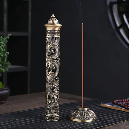 Archaize Vertical Incense Burner Buddha Heart Sutra Dragon Phoenix Pillar Metal Thread Incense Stick Home Office Decoration