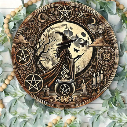 WitchCraft Retro Aluminum Wall Art - Round Witch & Cauldron Design, Halloween Hanging Decor with English Text