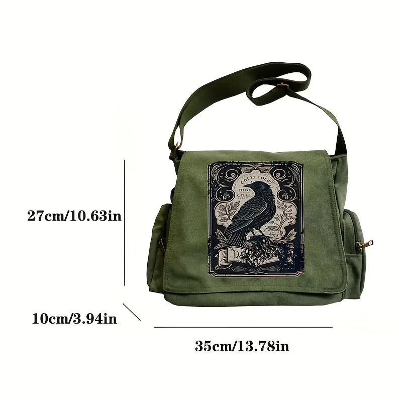 Vintage Raven Print Canvas Messenger Bag Large Capacity