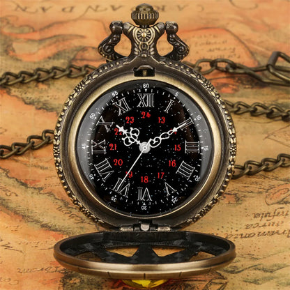 Hollow Sun Rhinestone Decorated Chic Bronze Quartz Pocket Watch Men Women Black Starry Roman Numerals Fob Chain Pendant Clock