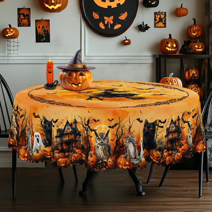 Printed Tablecloth, Featuring Castles, Pumpkins, Black Cats, and White Ghost Patterns