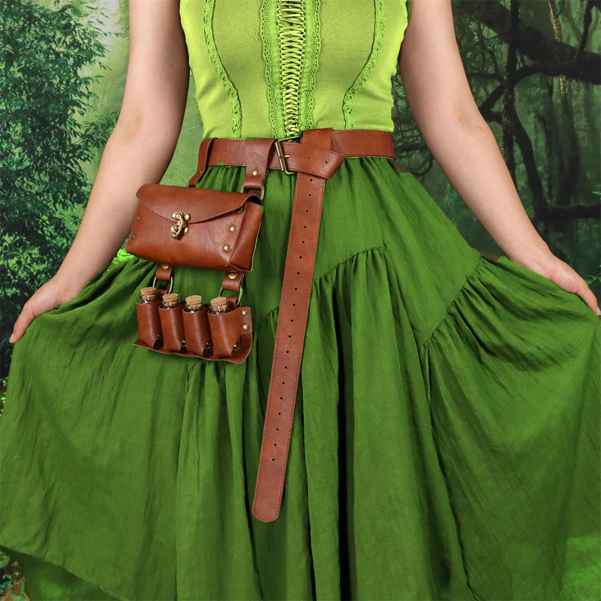 Renaissance Leather Belt Medieval Wizard Alchemy Glass Magic Bottle Cork Bottle Stopper Copper Coin Waist Bag Cosplay Belt