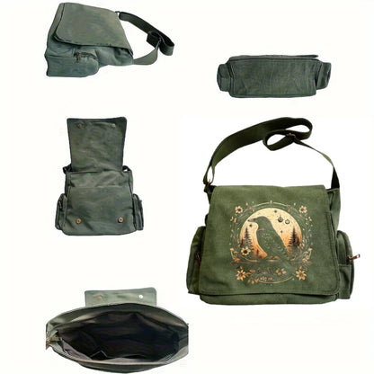 Vintage  Shoulder Bag Canvas Raven Print Large Capacity