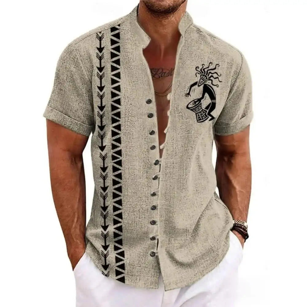 Men's Linen Short-Sleeved Shirt Ethnic Totem Print