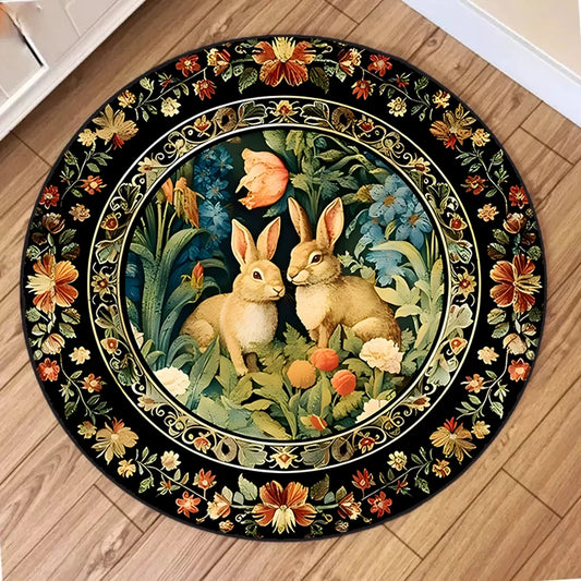 Round Vintage Rabbit Flower Pattern Rug