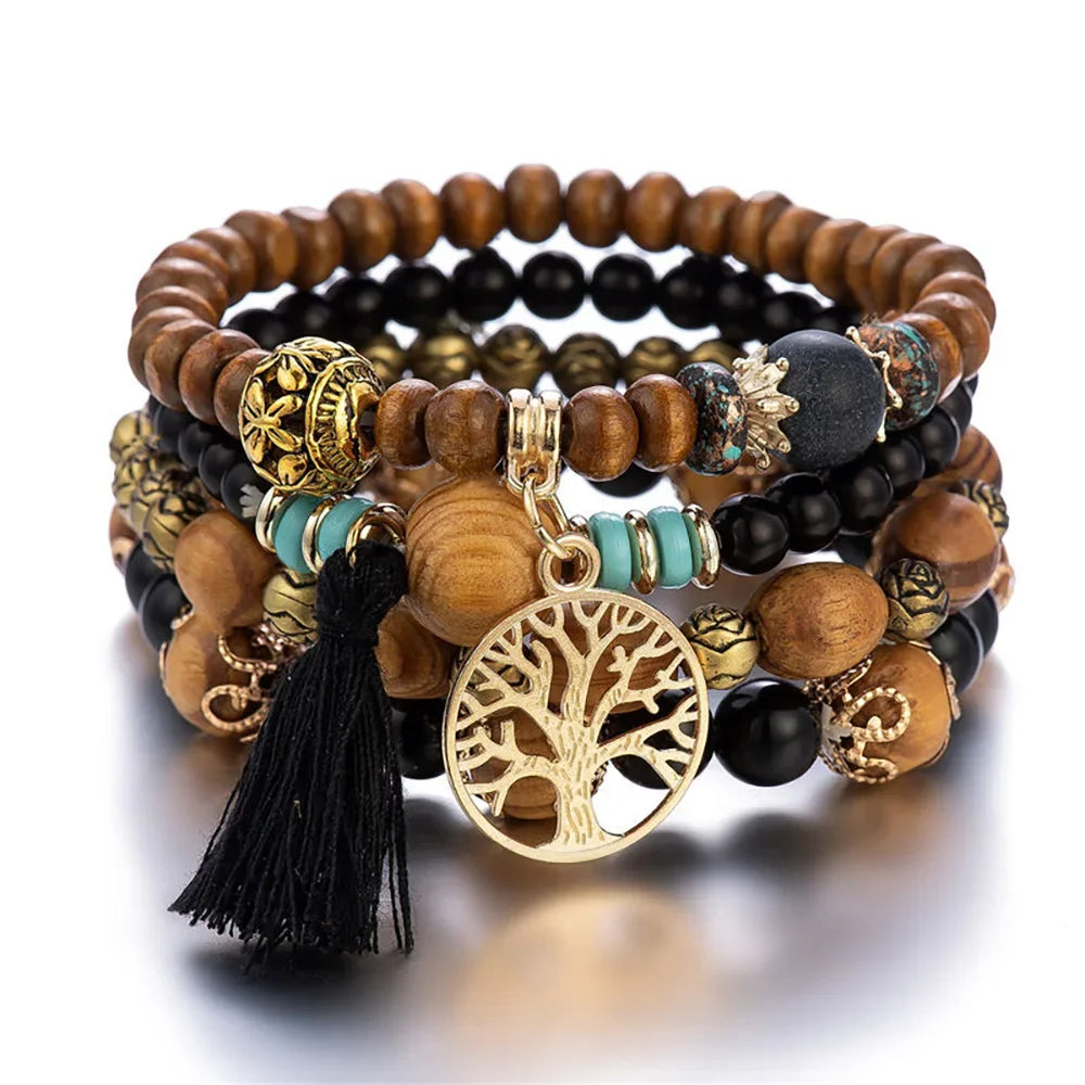 Boho Wooden Beaded Bracelet Set