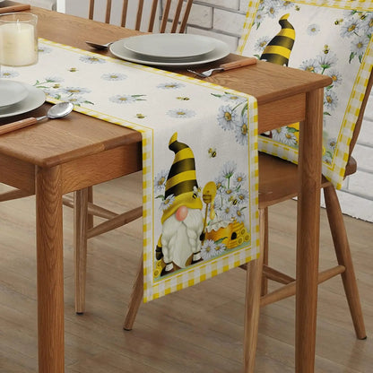 Spring Bee Gnomes Yellow Plaid Linen Table Runner