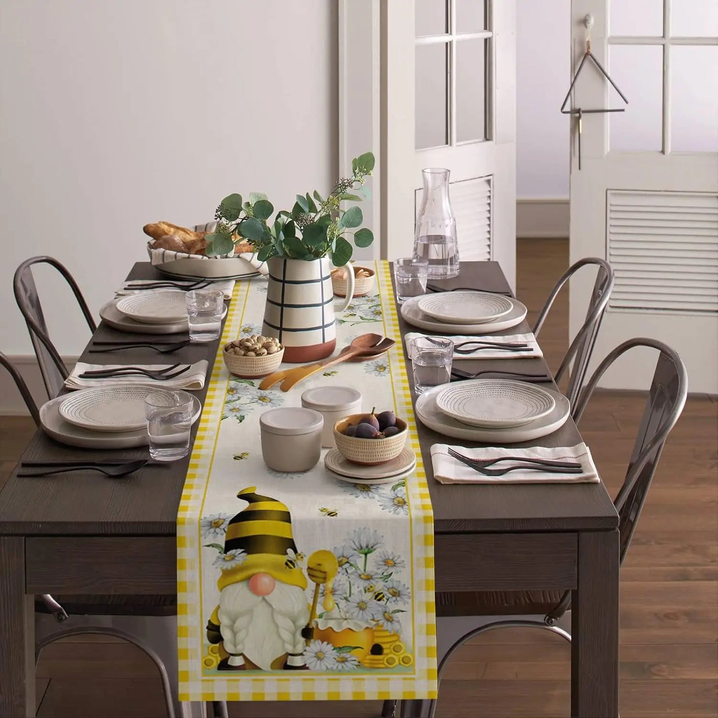 Spring Bee Gnomes Yellow Plaid Linen Table Runner