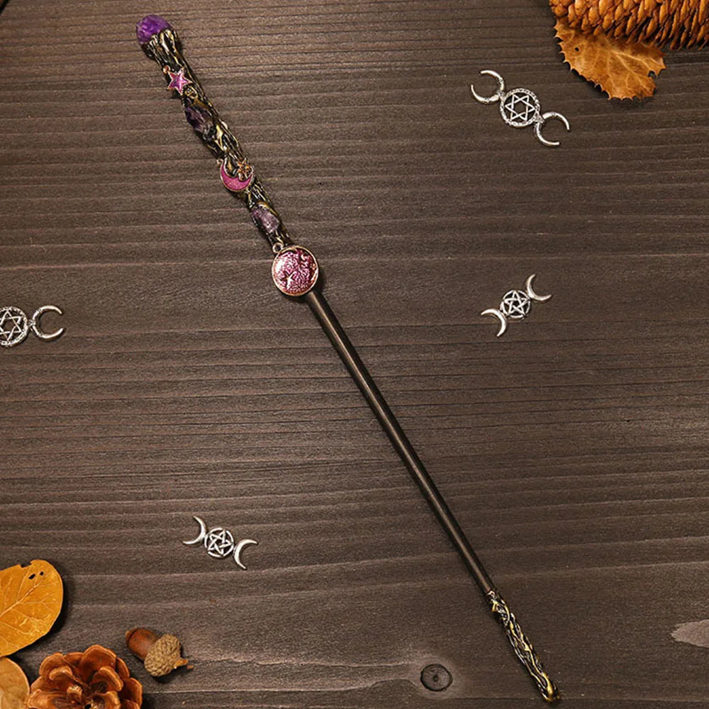 Natural Crystal Wiccan Wand Wood Handmade Unique