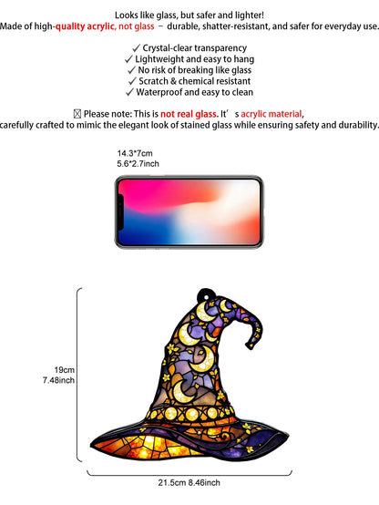 Halloween Witch Hat Window Hanging Acrylic Sun Catchers Hat Shaped with Moon & Floral Pendant Wall Decortions for Home & Garden