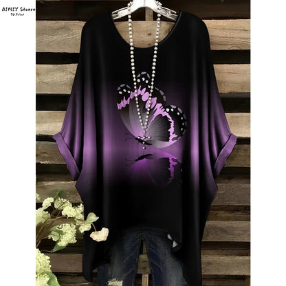 Butterfly Flower Pattern Printed Tail Hem Round Neck T-Shirt