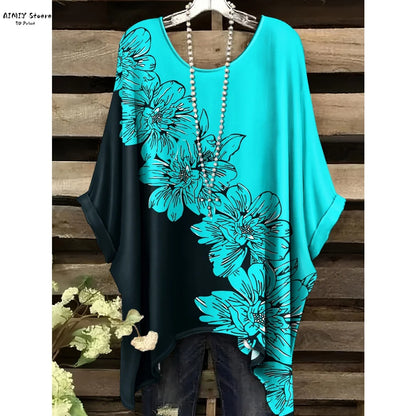 Butterfly Flower Pattern Printed Tail Hem Round Neck T-Shirt