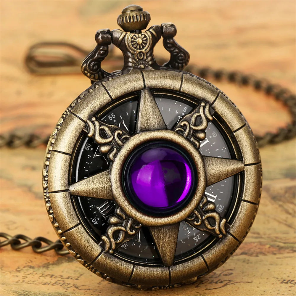 Hollow Sun Rhinestone Decorated Chic Bronze Quartz Pocket Watch Men Women Black Starry Roman Numerals Fob Chain Pendant Clock