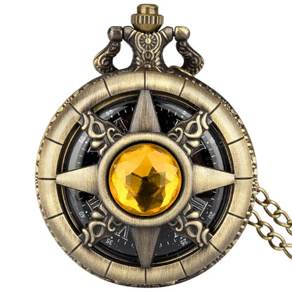 Hollow Sun Rhinestone Decorated Chic Bronze Quartz Pocket Watch Men Women Black Starry Roman Numerals Fob Chain Pendant Clock