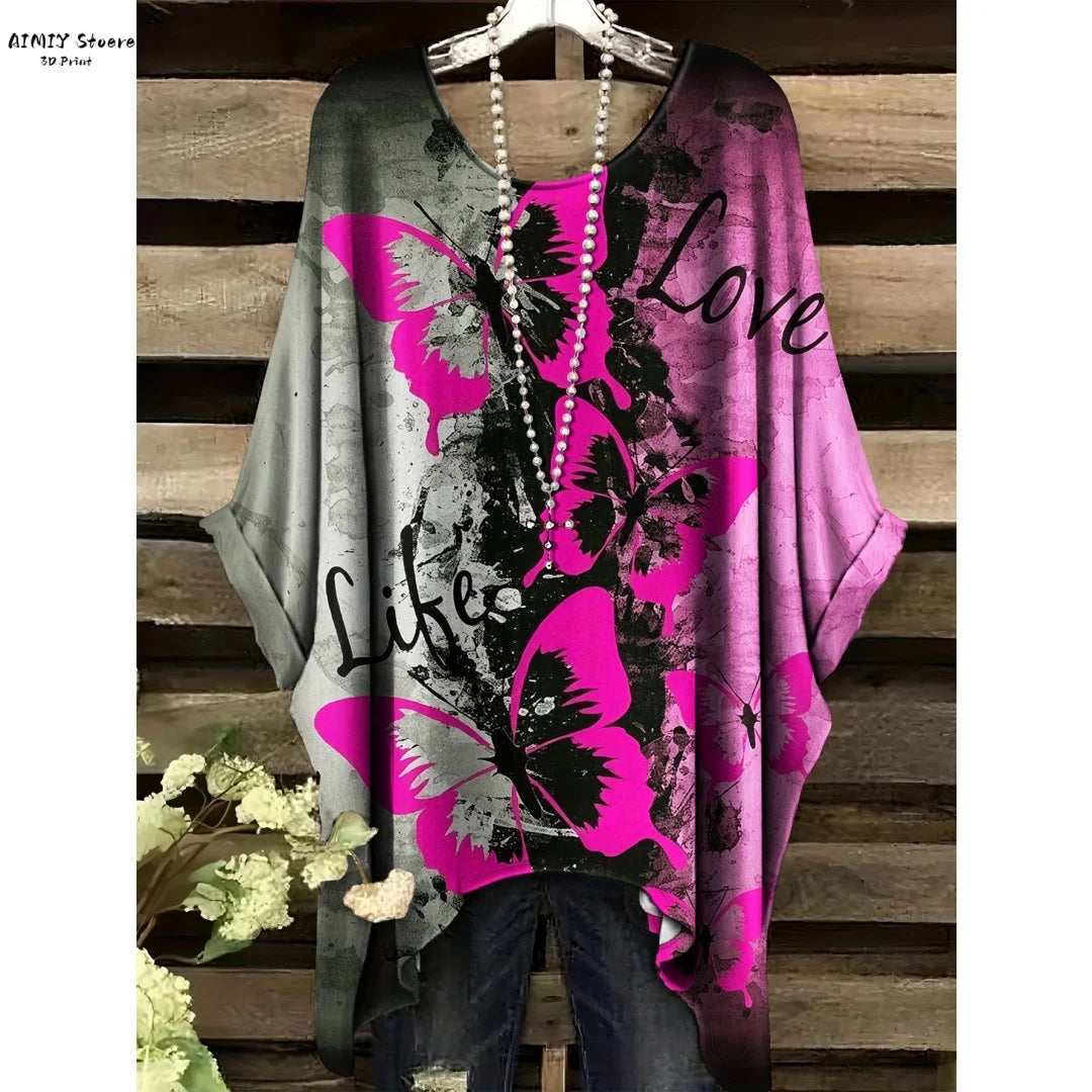 Butterfly Flower Pattern Printed Tail Hem Round Neck T-Shirt