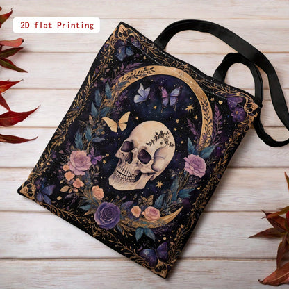 Women's Gothic Tote Bag - Large Capacity Open Top Purse with Elegant Skull & Floral Design (Purple/Black/ Golden/)