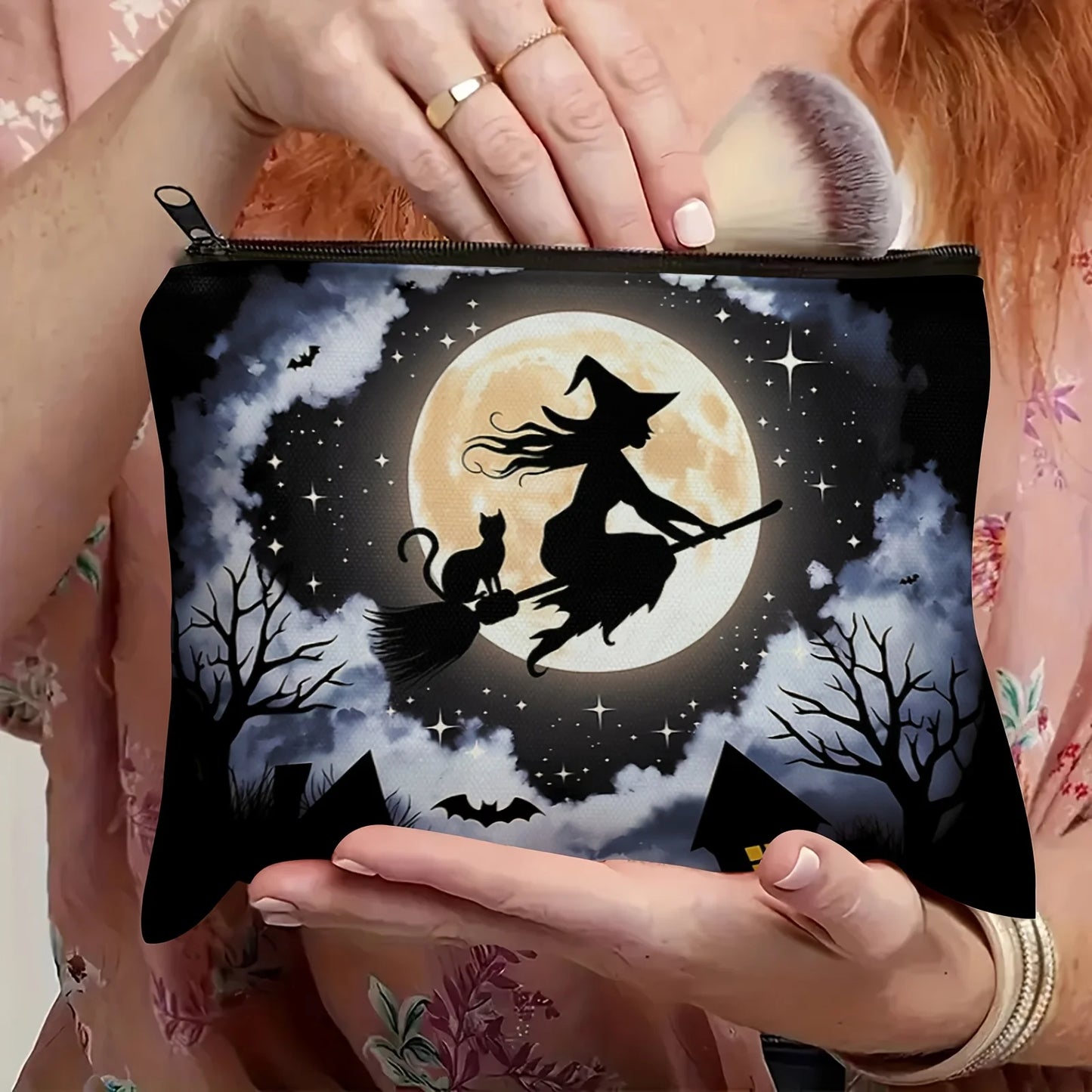 Enchanted Forest Witch and Cat Full Moon Cosmetic Bag