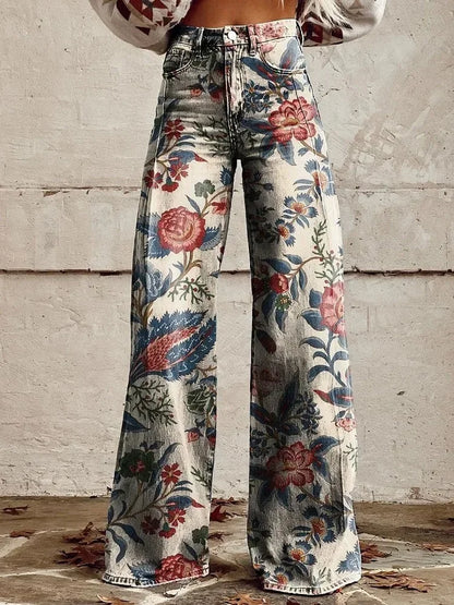 Ameican Fashion Women Pants High Waist Floral Printed