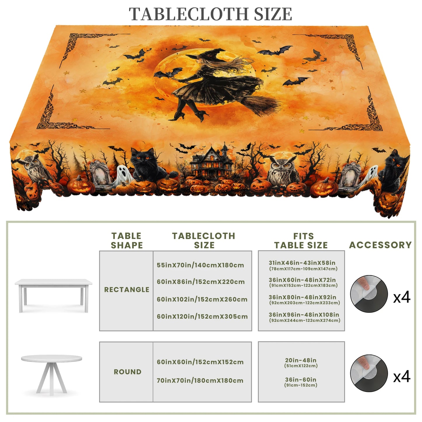 Printed Tablecloth, Featuring Castles, Pumpkins, Black Cats, and White Ghost Patterns
